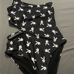 Black Swimsuit with White Bunny Print